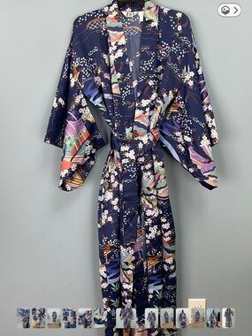 Vintage  Kimono Style Robe/ Made in Japan/ Navy Floral Fan Print / Full Length